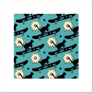 Cool Skater Black Cat Pattern in blue Posters and Art